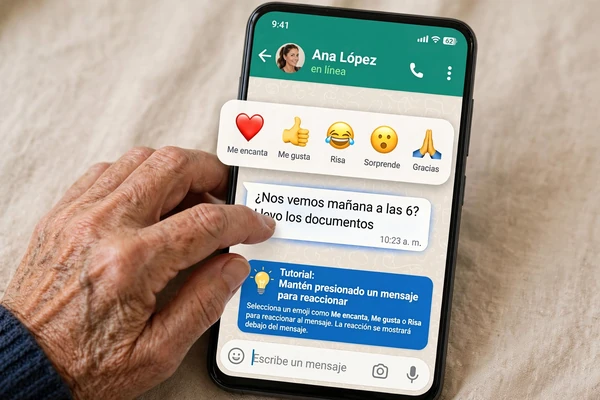 Dedo tocando icono de carita feliz junto al campo de mensaje en WhatsApp para abrir emojis