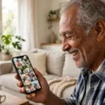 Persona mayor viendo fotos familiares en WhatsApp en su móvil